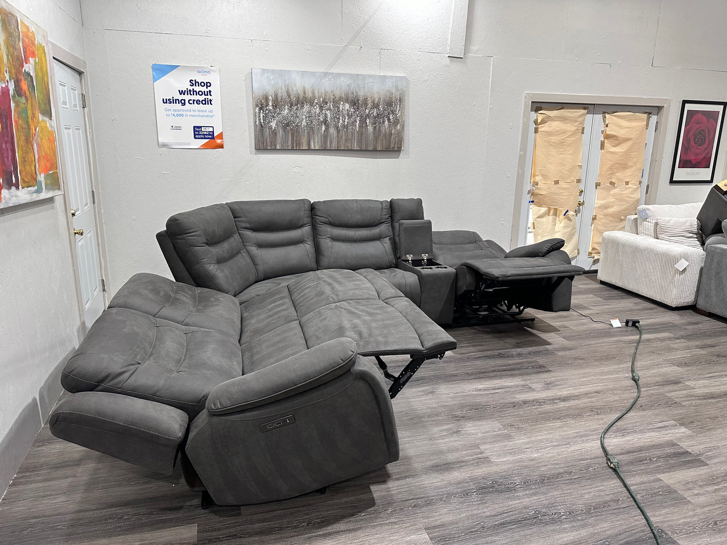 Dark gray suede sectional power recliner