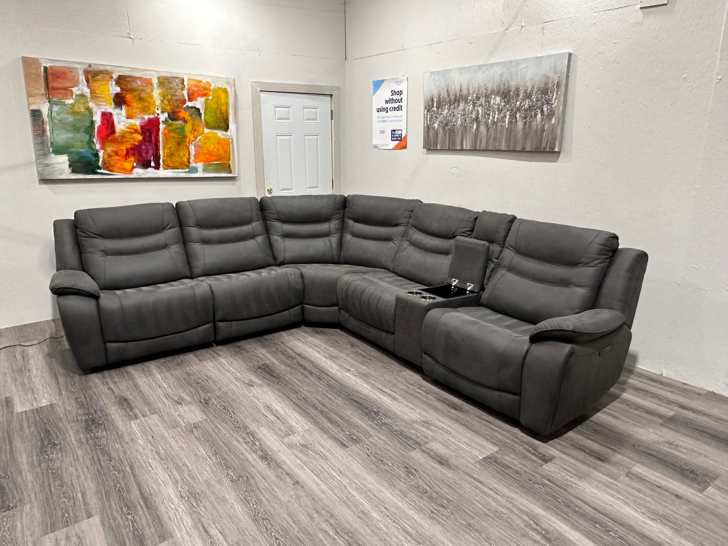 Dark gray suede sectional power recliner