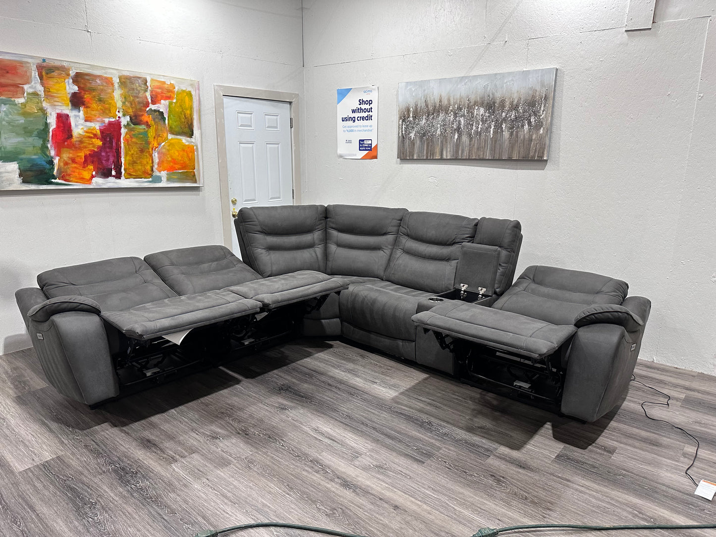 Dark gray suede sectional power recliner