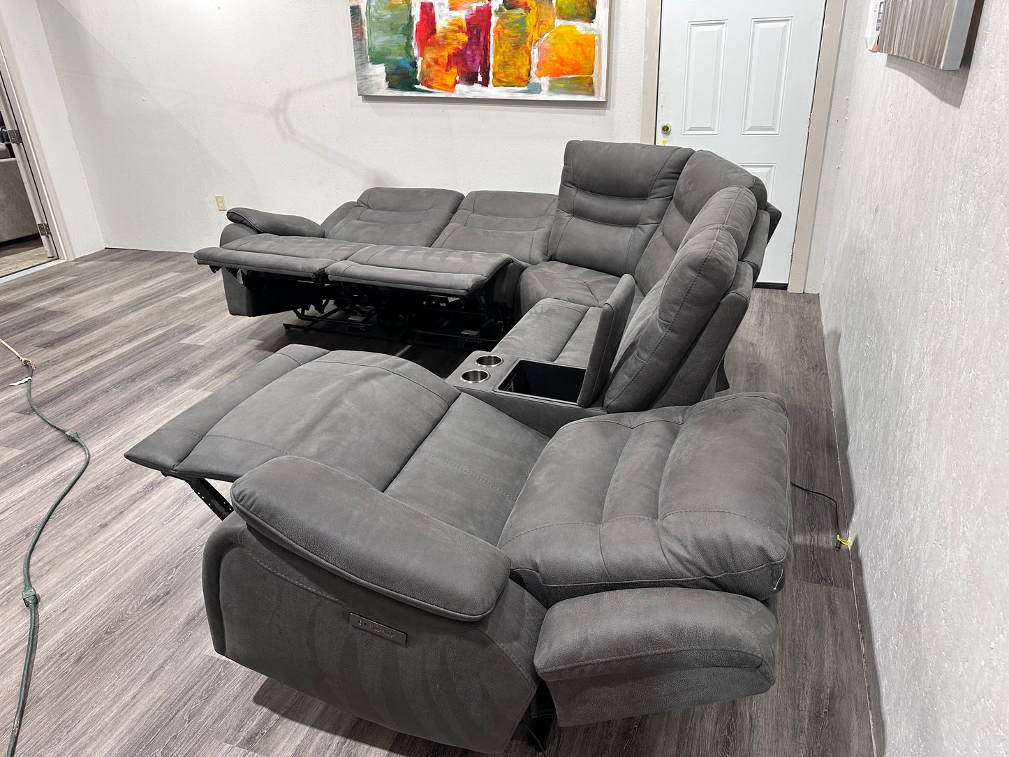 Dark gray suede sectional power recliner