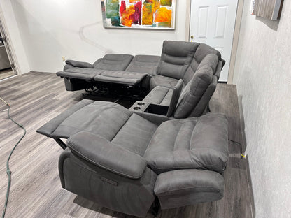 Dark gray suede sectional power recliner